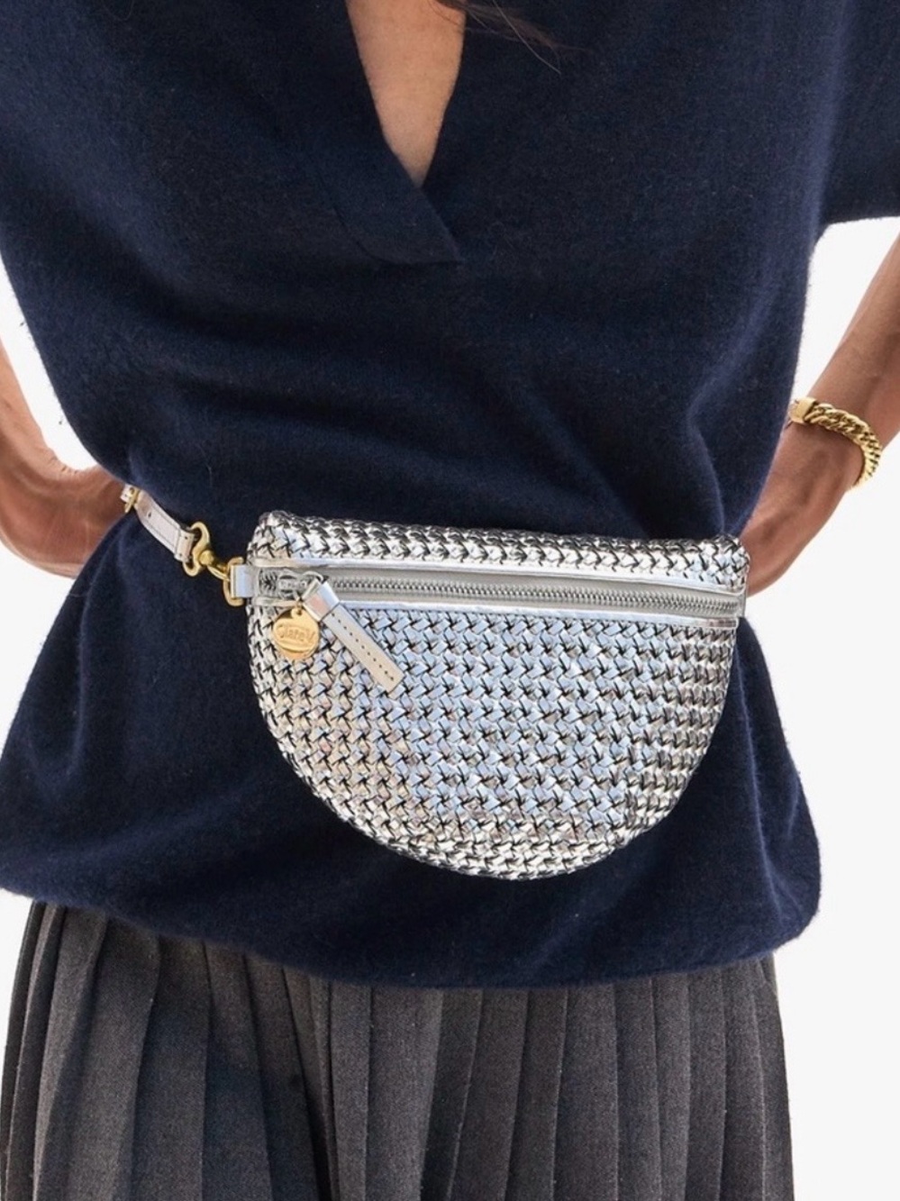 Clare V. Petite Woven Metallic Crossbody Belt Bag in Silver - Picture 4 of 11